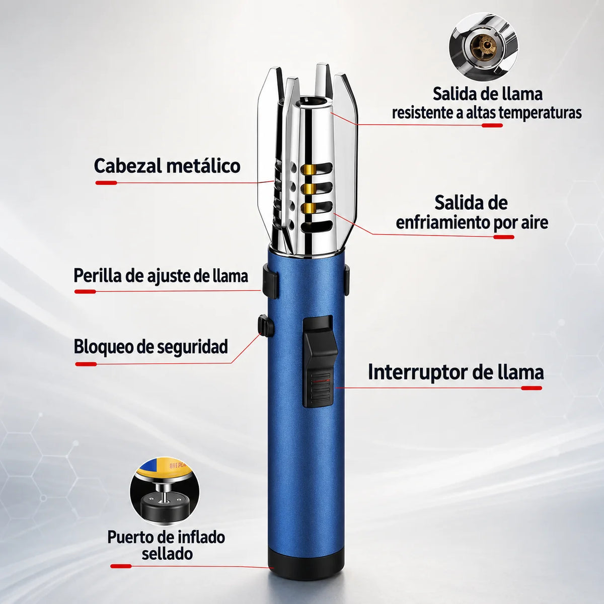 Soplete Metalico Ajustable y Recargable a Prueba de Viento