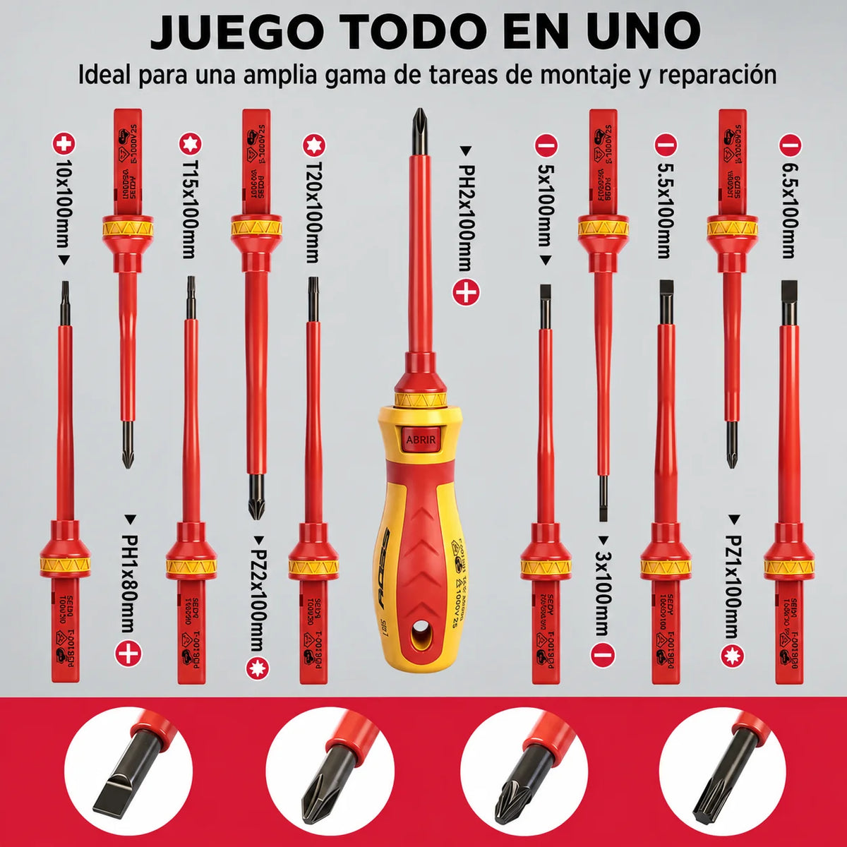 Juego de Destornilladores Aislados de 1000V para Trabajos Eléctricos Seguros