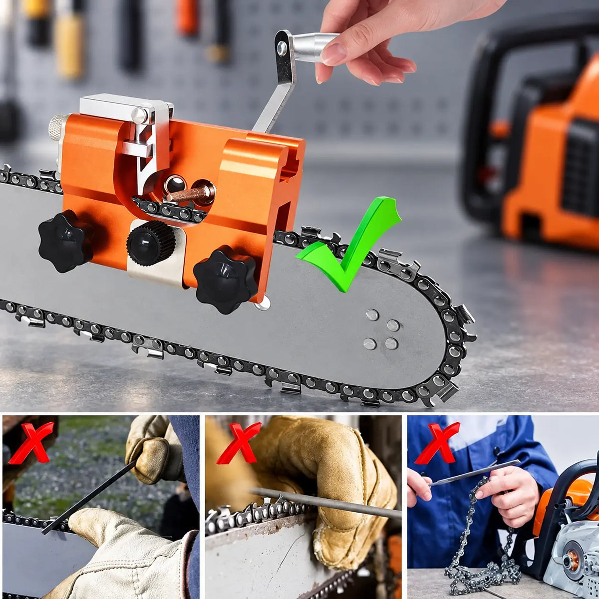 Afilador Manual de Cadena para Motosierra con Manivela y 3 Limas de 4, 5 y 6 mm para Cortes como Nuevos