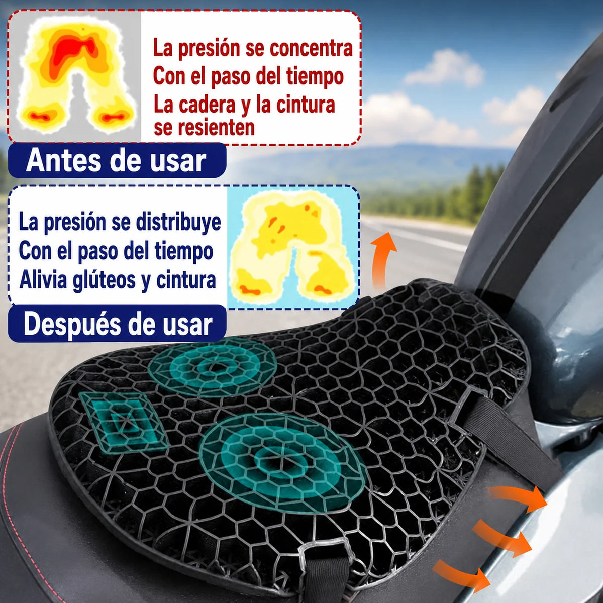 Cojín de Gel Siliconado para Moto que reduce presión y vibraciones para viajes más cómodos