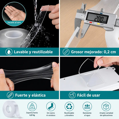 PAGA 1 LLEVA 2: Cinta Doble Faz Transparente de Gel, Lavable y Reutilizable que Fija Objetos con Máxima Adherencia sin Perforar Paredes ni Dejar Residuos