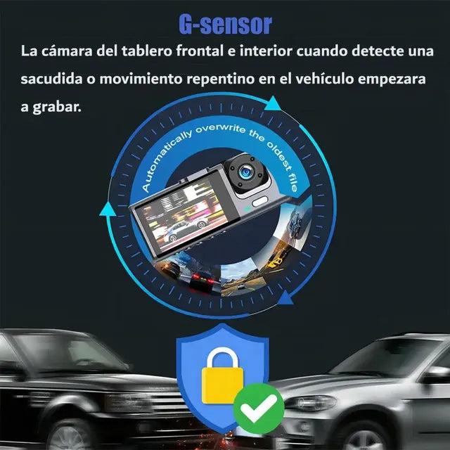 Cámara Vehicular Inteligente 3 en 1 con triple lente HD que graba frente, interior y reversa para brindar seguridad y evidencia en cada trayecto