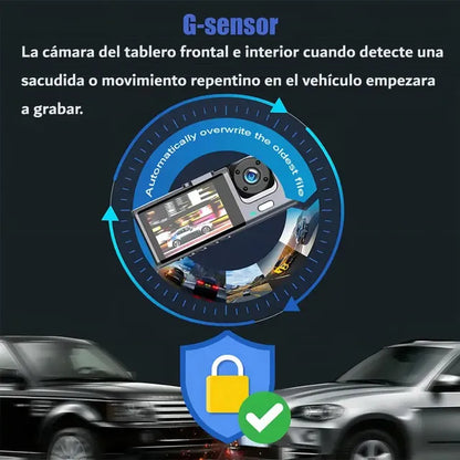 Cámara Vehicular Inteligente 3 en 1 con triple lente HD que graba frente, interior y reversa para brindar seguridad y evidencia en cada trayecto