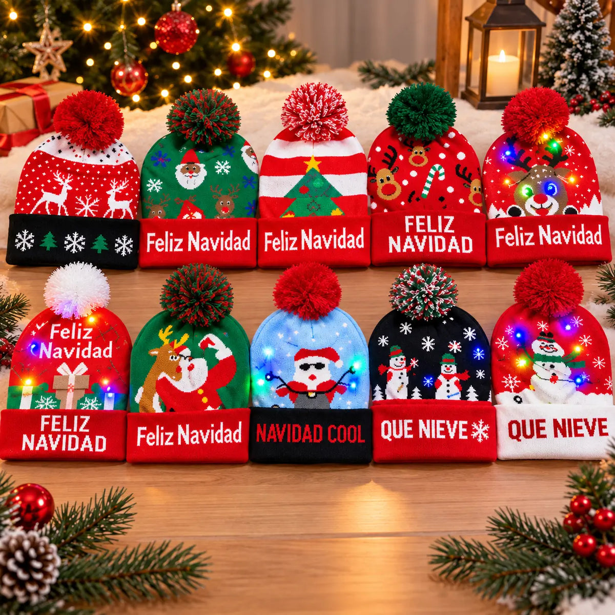 Gorro Navideño Tejido con Luces LED y Pompón para Novenas, Fotos y Reuniones en estas Navidades