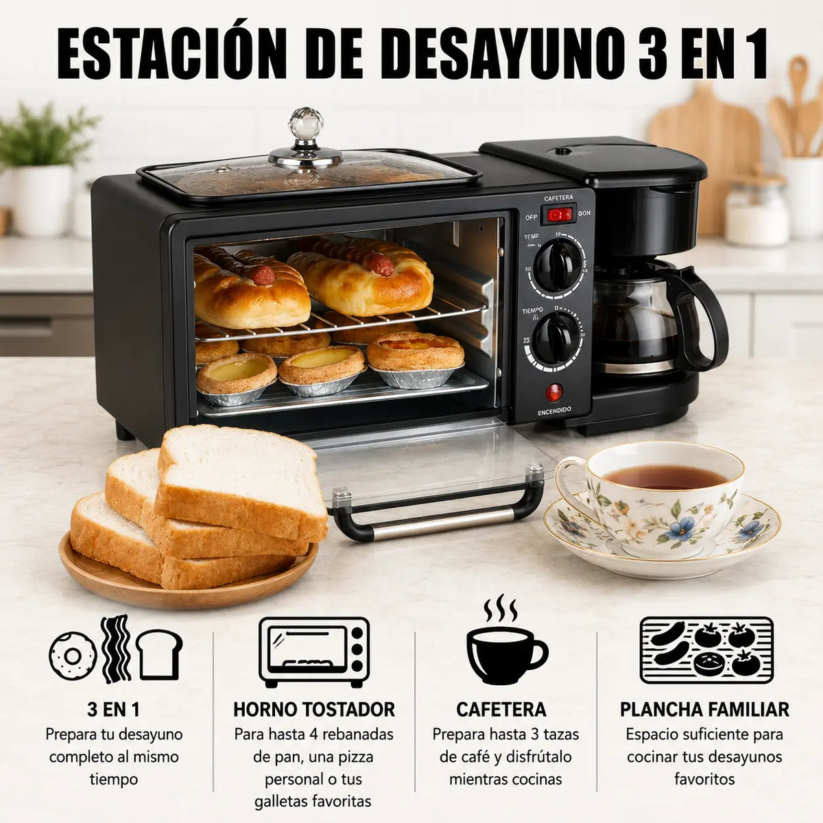 Horno 3 en 1 que Hornea, Prepara Café y Simplifica tus Desayunos.