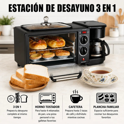 Horno 3 en 1 que Hornea, Prepara Café y Simplifica tus Desayunos.