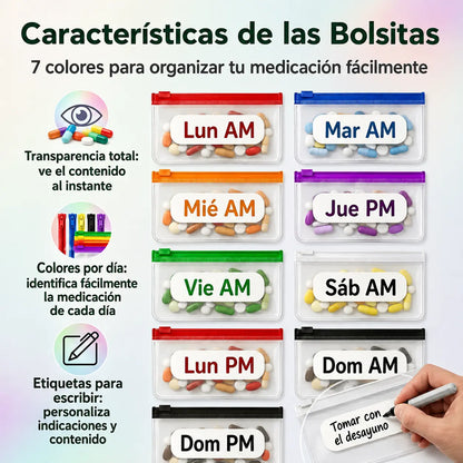 Organizador Impermeable de Bolsas para Pastillas y Suplementos, Ideal para Llevar tus Dosis Diarias Siempre Ordenadas.