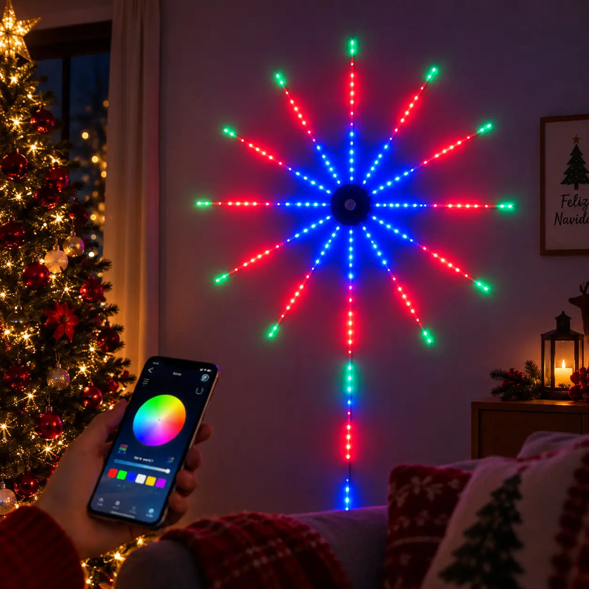Luces LED de Fuegos Artificiales RGB con Control Remoto, App Bluetooth y Sincronización con Música