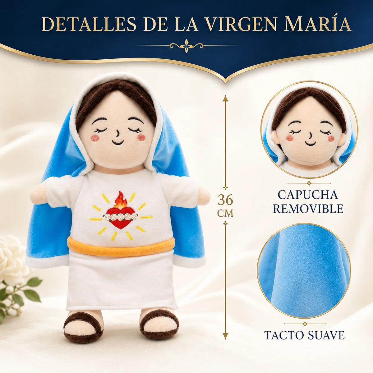 Peluche Virgen María con Luz Cálida, Música Relajante y Respiración para Calmar la Ansiedad y Dormir Mejor