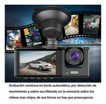 Cámara Vehicular Inteligente 3 en 1 con triple lente HD que graba frente, interior y reversa para brindar seguridad y evidencia en cada trayecto