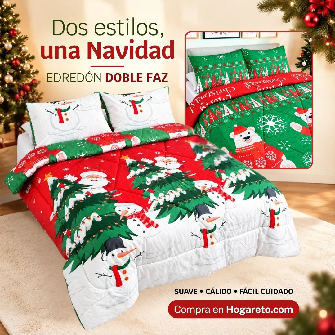 Edredón Doble Faz Navideño para Cama Doble con 2 Fundas de Almohada, Suave y Liviano