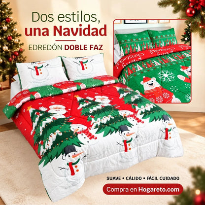 Edredón Doble Faz Navideño para Cama Doble con 2 Fundas de Almohada, Suave y Liviano