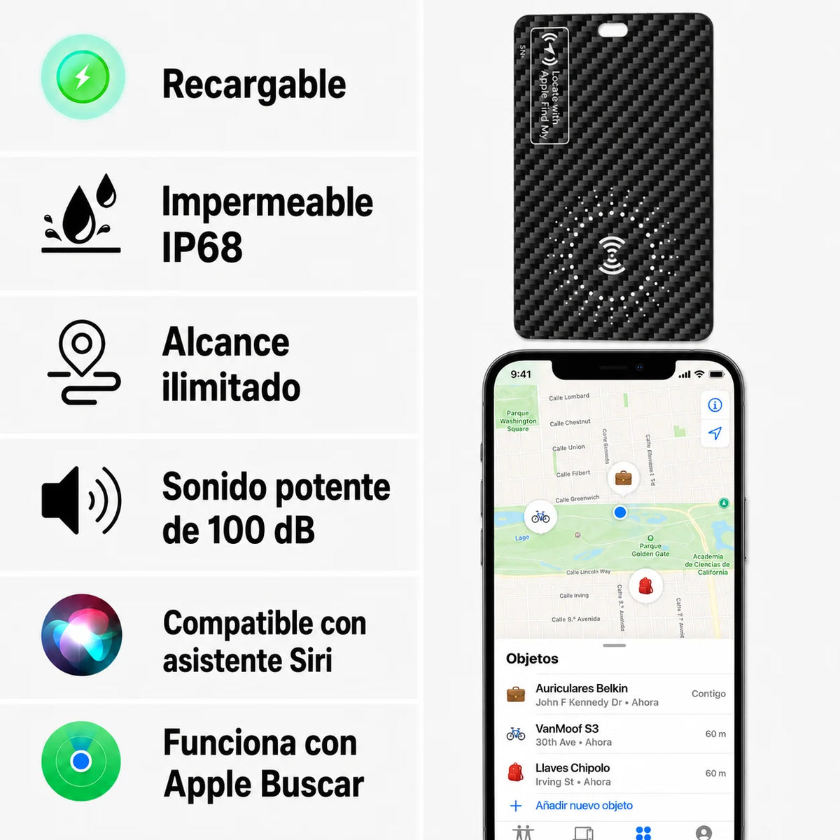 Tarjeta Rastreadora para iPhone con Alcance Ilimitado y Hasta 5 Meses de Batería por Carga