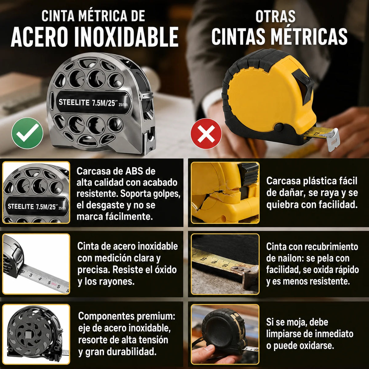 Flexómetro de Acero Retráctil de 7.5m Resistente a Golpes, Barro, Agua y Más