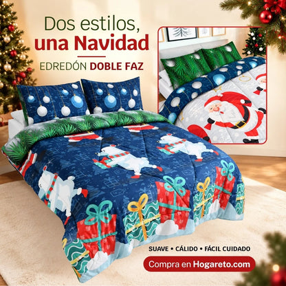 Edredón Doble Faz Navideño para Cama Doble con 2 Fundas de Almohada, Suave y Liviano
