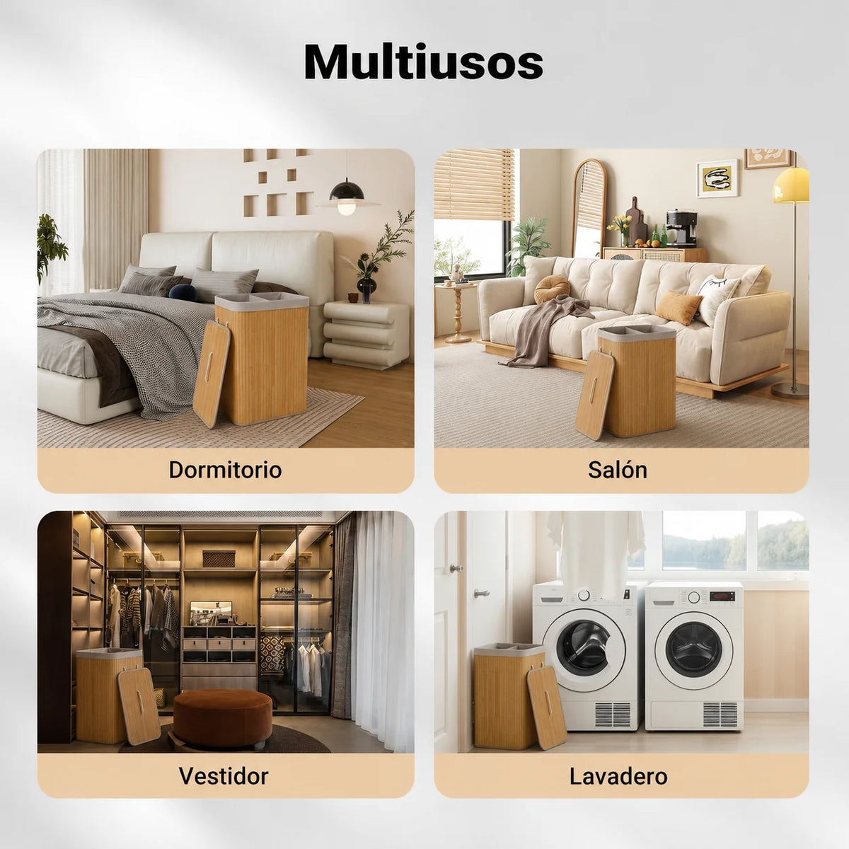 Cesto Doble de Bambú para Separar y Organizar la Ropa Sucia