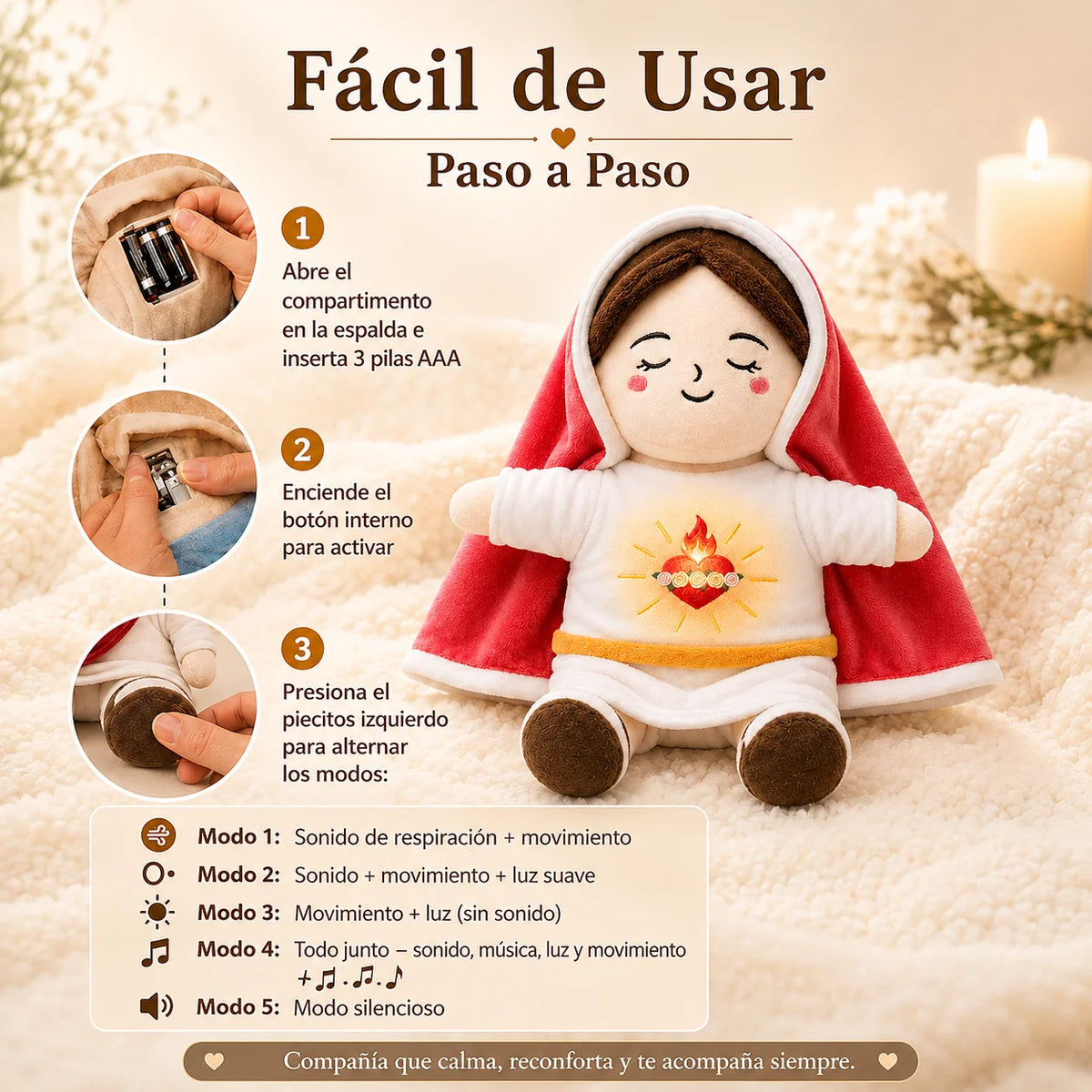 Peluche Virgen María con Luz Cálida, Música Relajante y Respiración para Calmar la Ansiedad y Dormir Mejor