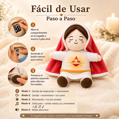Peluche Virgen María con Luz Cálida, Música Relajante y Respiración para Calmar la Ansiedad y Dormir Mejor