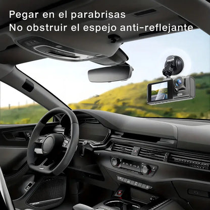Cámara Vehicular Inteligente 3 en 1 con triple lente HD que graba frente, interior y reversa para brindar seguridad y evidencia en cada trayecto