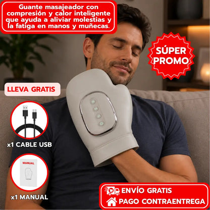 Guante masajeador con compresión y calor inteligente que ayuda a aliviar molestias y la fatiga en manos y muñecas.
