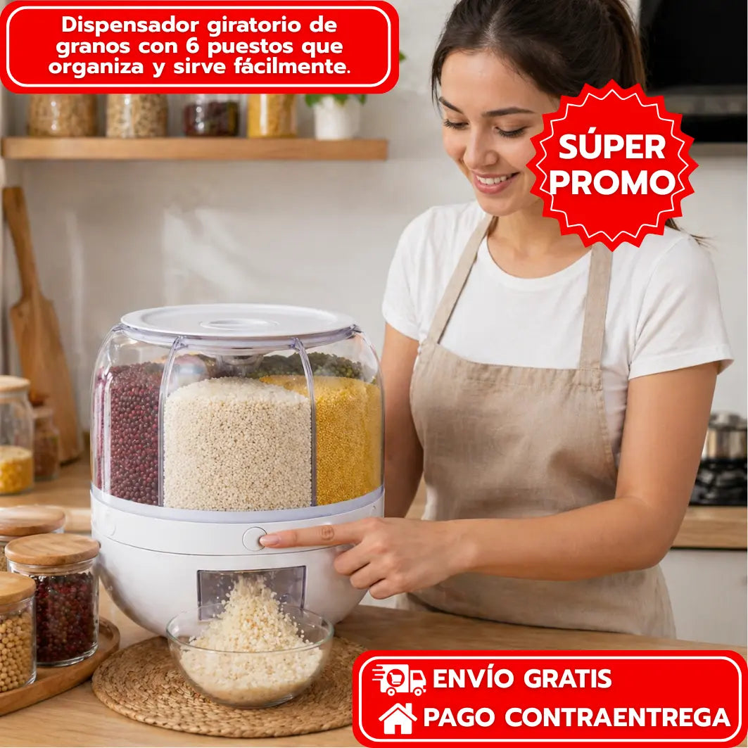 Dispensador giratorio de granos con 6 puestos que organiza y sirve fácilmente.