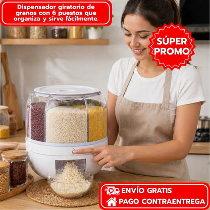 Dispensador giratorio de granos con 6 puestos que organiza y sirve fácilmente.