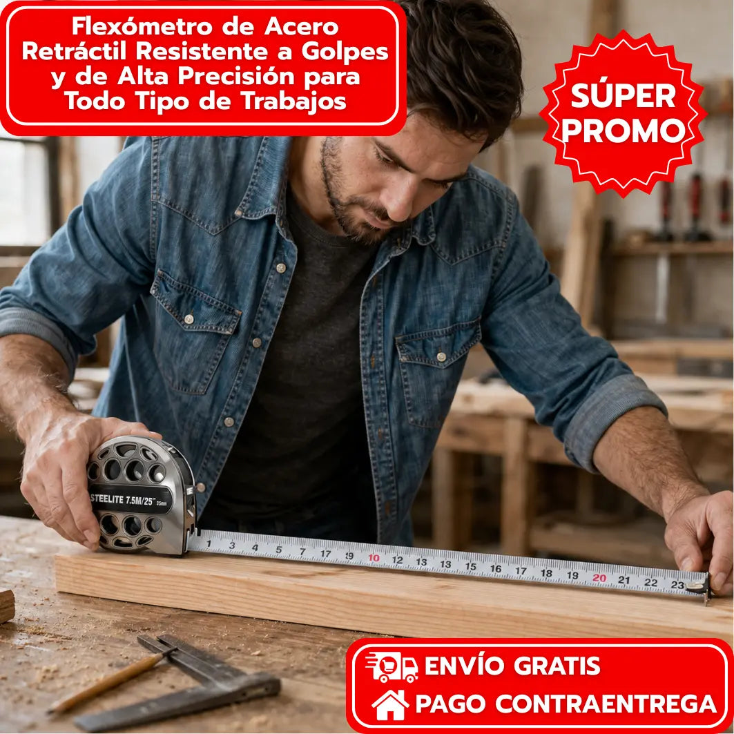Flexómetro de Acero Retráctil de 7.5m Resistente a Golpes, Barro, Agua y Más