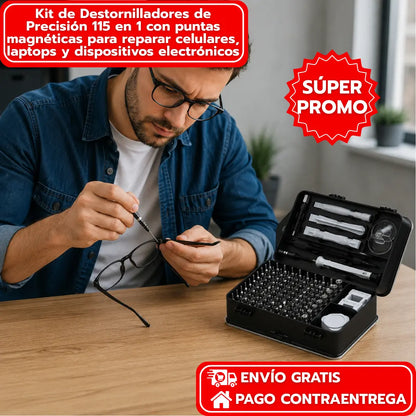 Kit de Destornilladores de Precisión 115 en 1 con puntas magnéticas para reparar celulares, laptops y dispositivos electrónicos