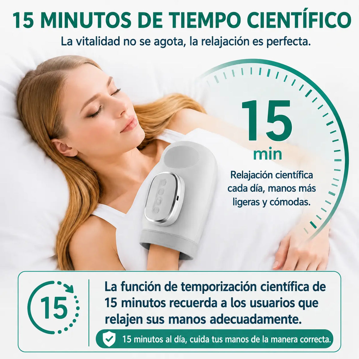 Guante masajeador con compresión y calor inteligente que ayuda a aliviar molestias y la fatiga en manos y muñecas.