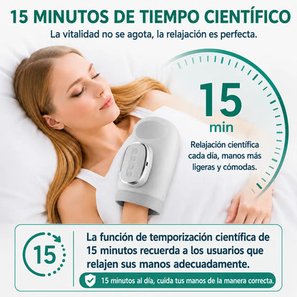 Guante masajeador con compresión y calor inteligente que ayuda a aliviar molestias y la fatiga en manos y muñecas.