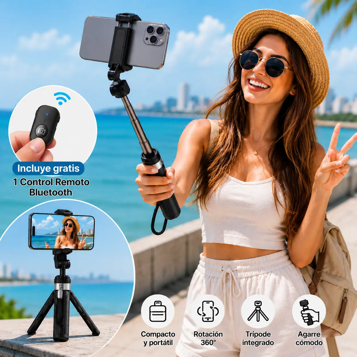 Trípode de Bolsillo Extensible con Control Remoto que permite capturar selfies, grabar videos con total estabilidad en cualquier lugar