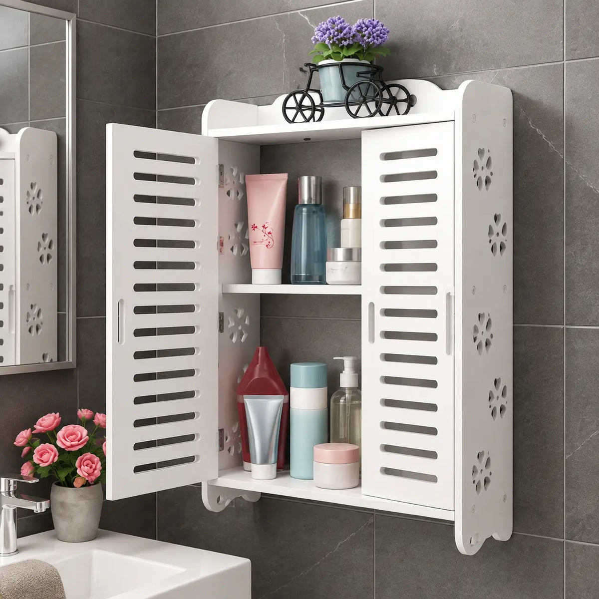 Gabinete Organizador de Baño con Puertas y 3 Repisas para Pared o Mesón
