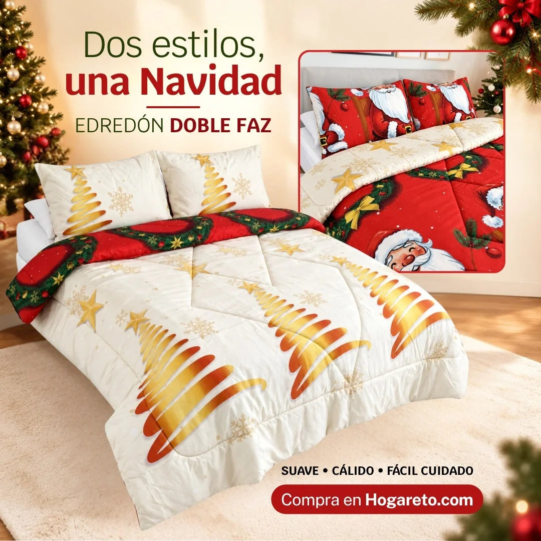 Edredón Doble Faz Navideño para Cama Doble con 2 Fundas de Almohada, Suave y Liviano