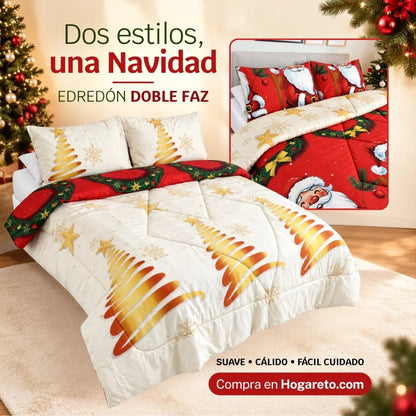 Edredón Doble Faz Navideño para Cama Doble con 2 Fundas de Almohada, Suave y Liviano